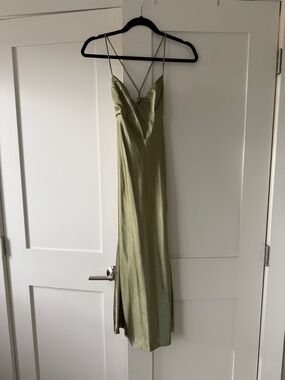 Hello Molly Olive Green Satin Slip Dress Midi Strappy Back Bias Cut Size S